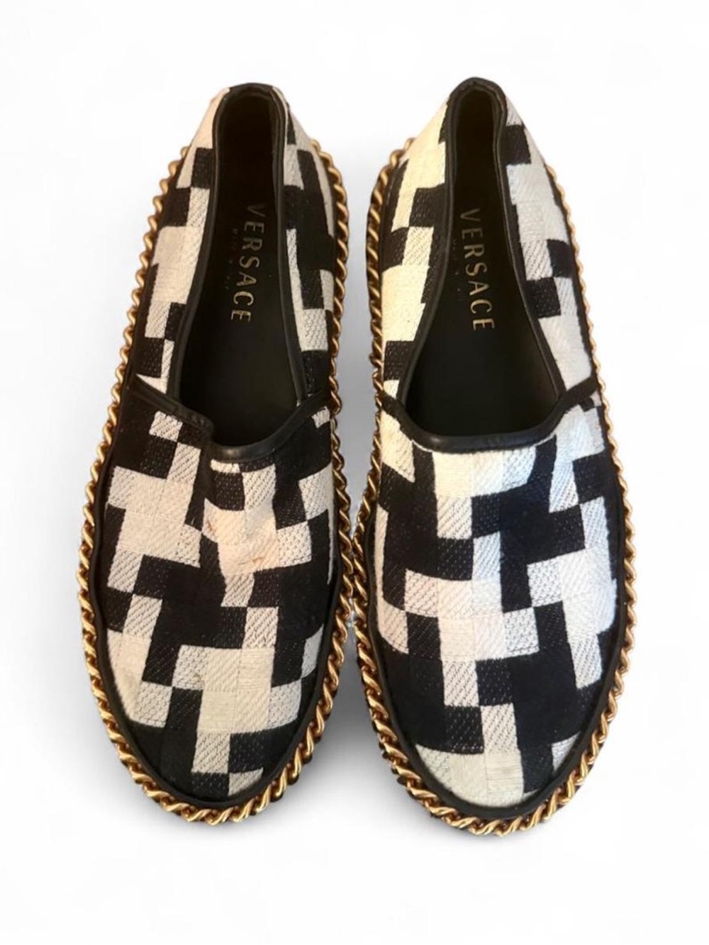 Versace Black and White Chain-Trim Slip-On Flats